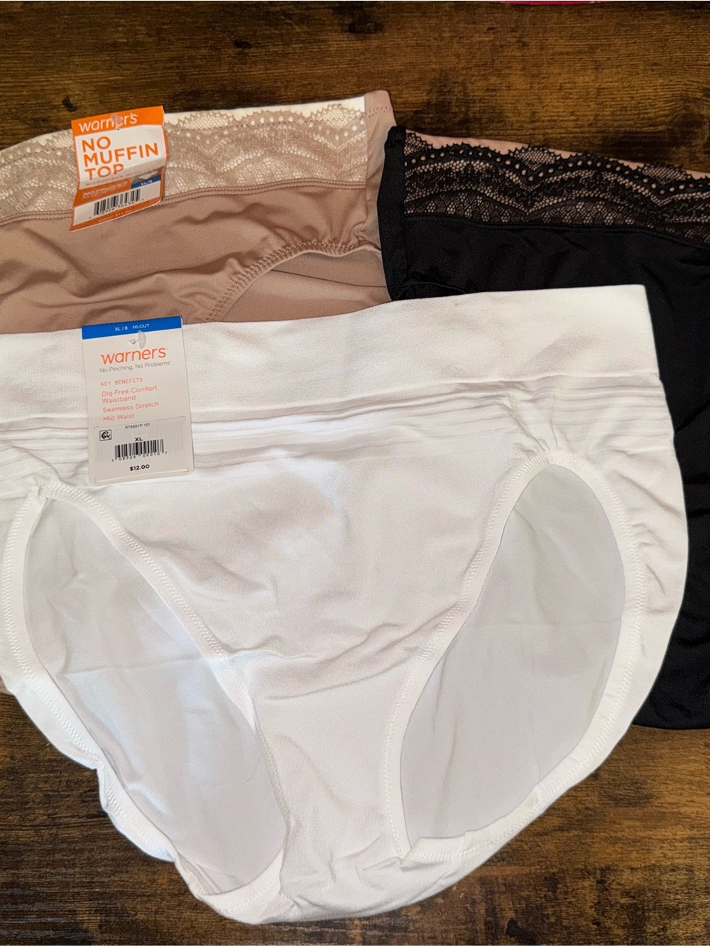 Warner's NEW size 8 XL No Muffin Top Lace Waist Briefs Black, Nude & White